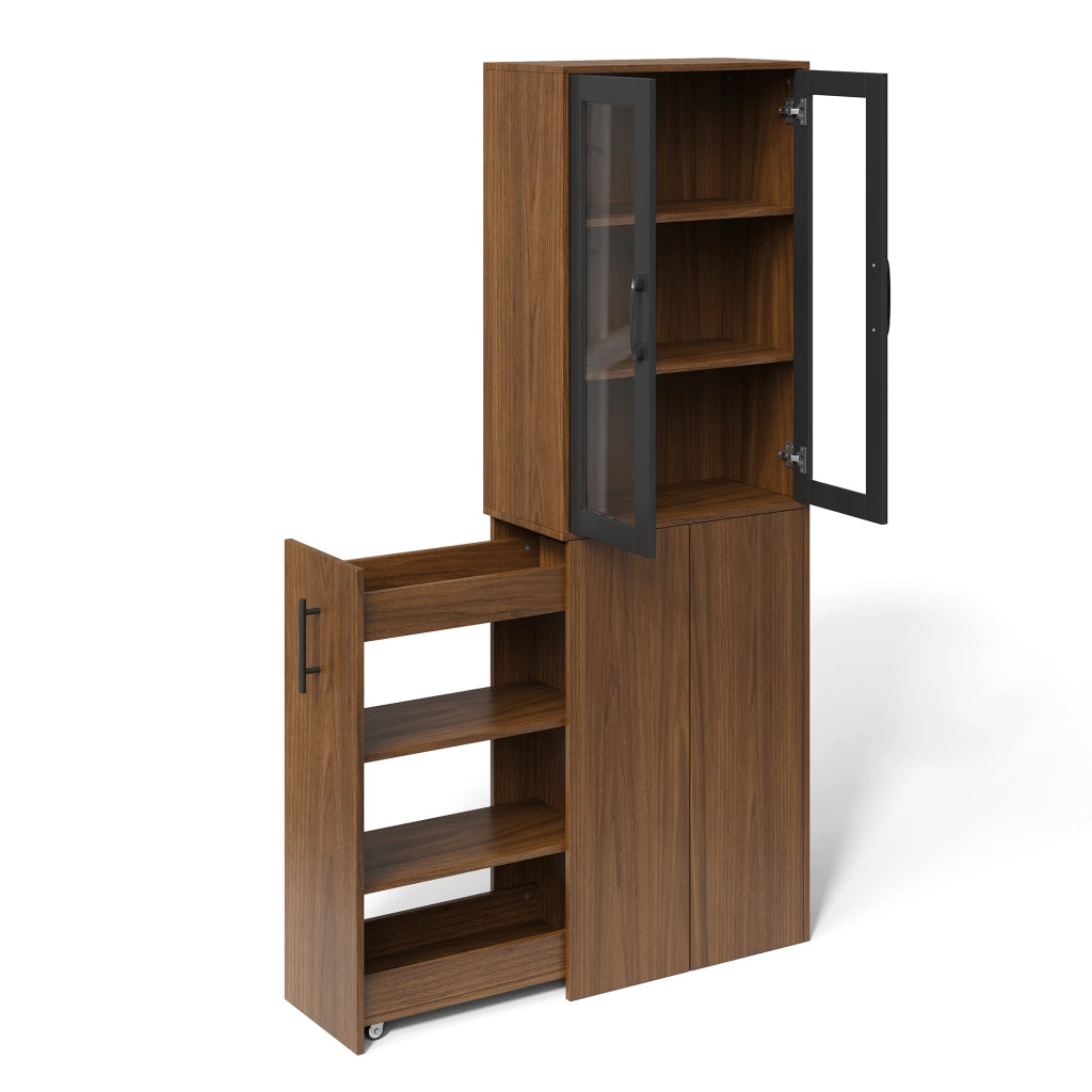 Mobile dispensa stretto 60×30×180 cm con ante in vetro, carrello estraibile e 4 ripiani