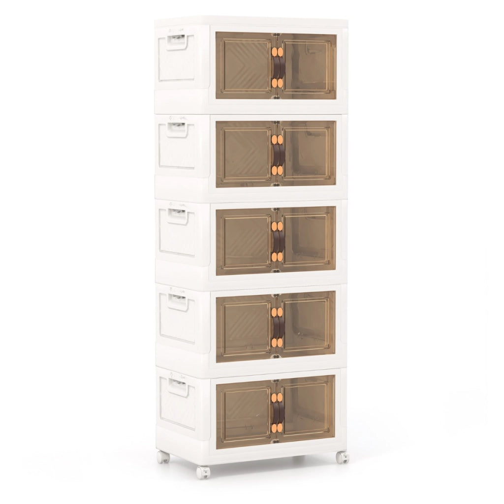 Set di contenitori impilabili con ruote bloccabili, Mobile in PP pieghevole con coperchi Bianco 59,5x37,5x169cm-Cassettiere