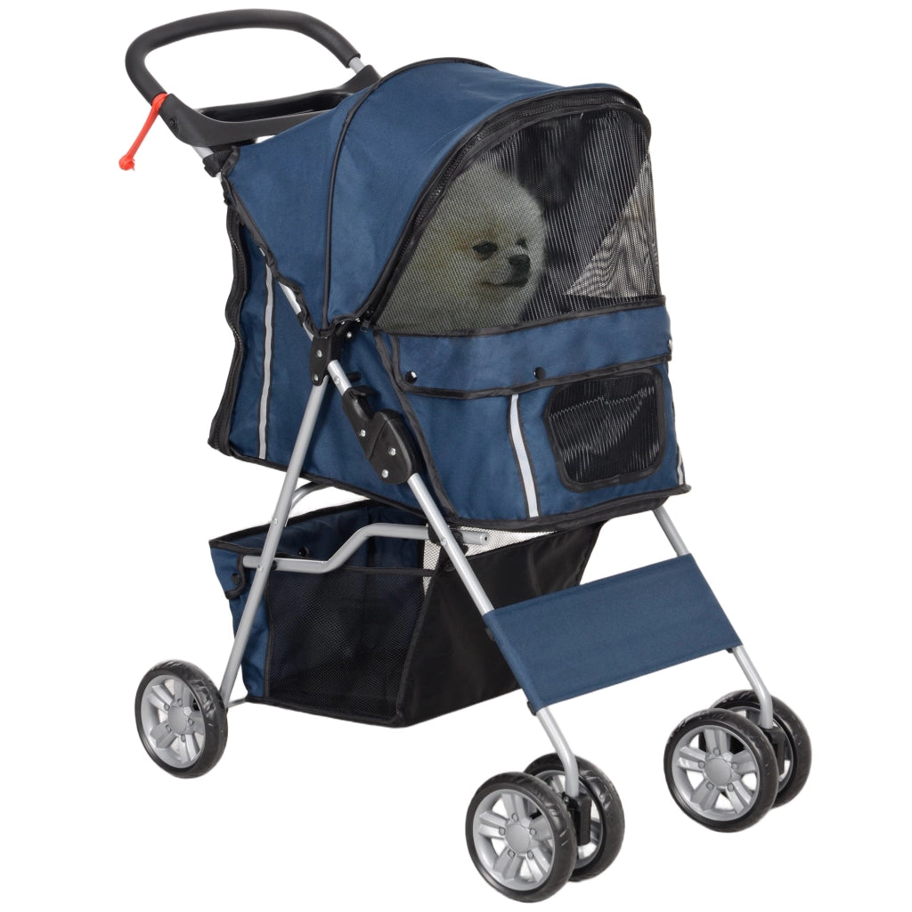 Passeggino per Cani Pieghevole 75x45x97 cm Peso Max 10 kg con Cestino e Portabicchiere Blu Scuro