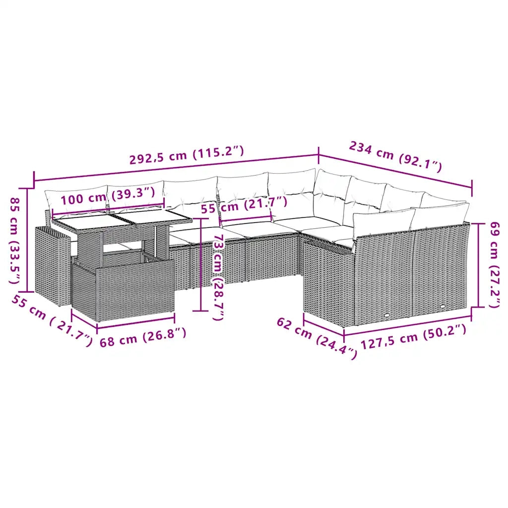 Set Divani da Giardino 10 pz con Cuscini Marrone in Polyrattan 3267514