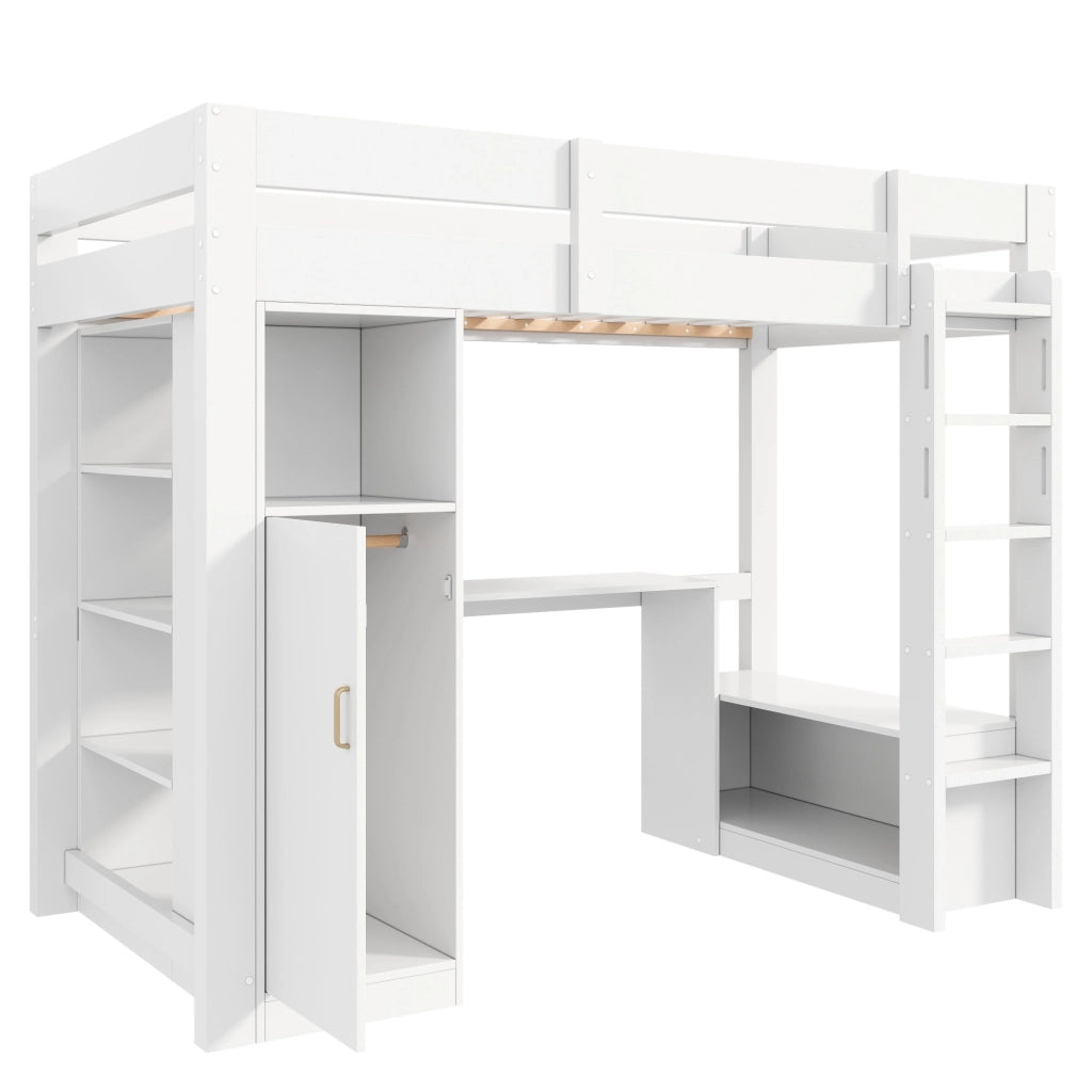 Letto a Soppalco 90 x 200 cm; Letto Singolo - Scrivania; Armadio; LED e USB - Bianco