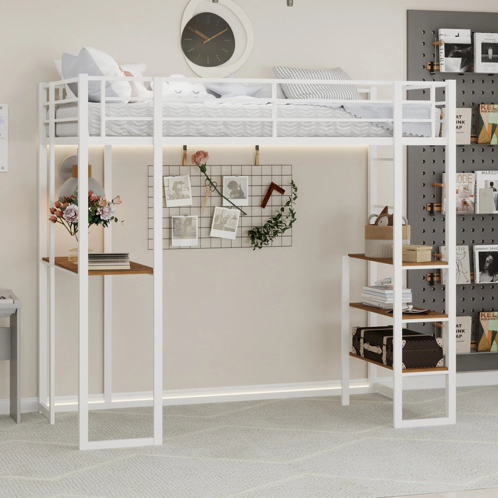 Letto a soppalco 90 × 190 cm con scrivania, scale doppie e spazio sottostante, senza materasso, bianco