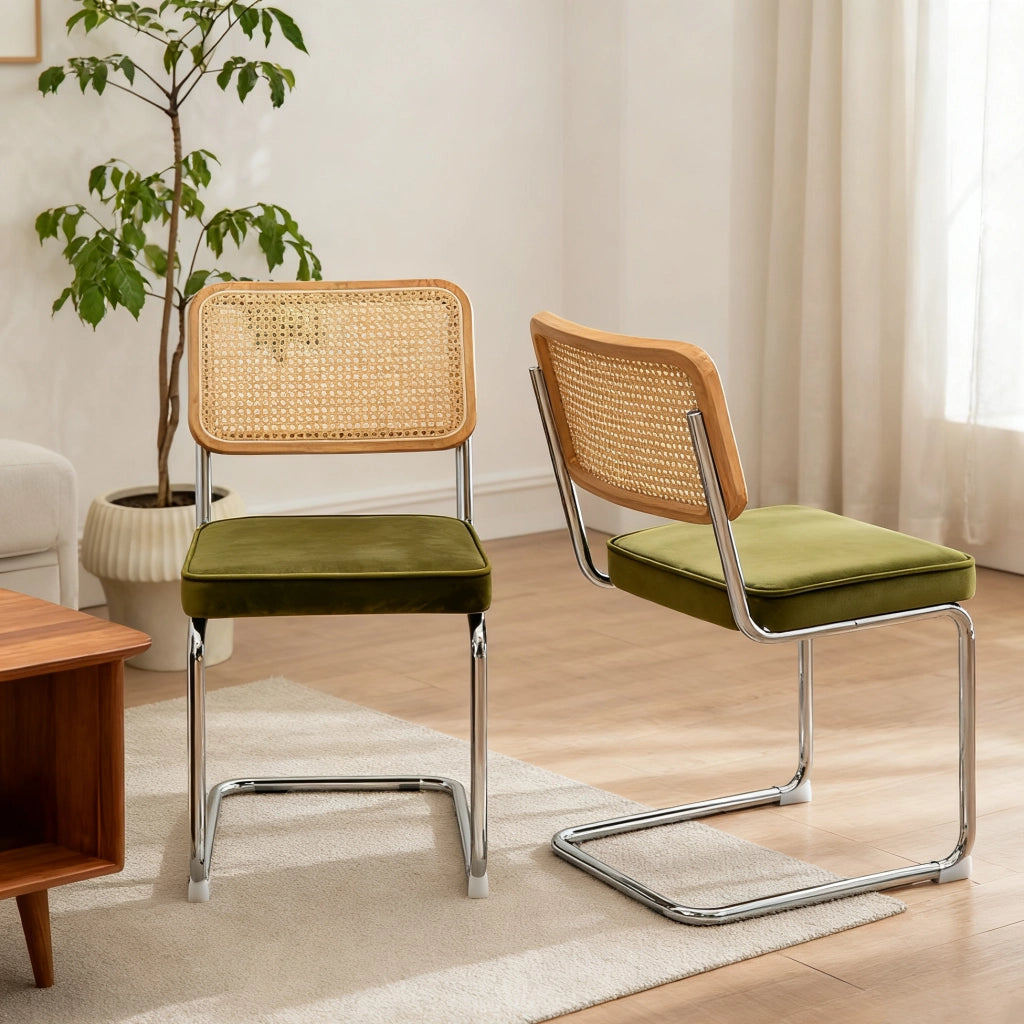 Sedie da Pranzo Set di 2 in Velluto e Rattan con Gambe in Metallo Cromato ¨C MINIMAL ¨C Grigio, Design Moderno