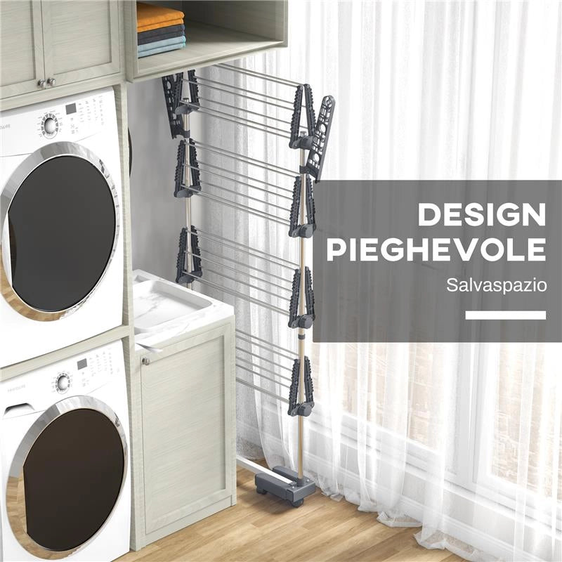 STENDINO VERTICALE CON 4 RIPIANI REGOLABILI, IN ACCIAIO E PLASTICA, 142X55X172 CM, GRIGIO E ARGENTO