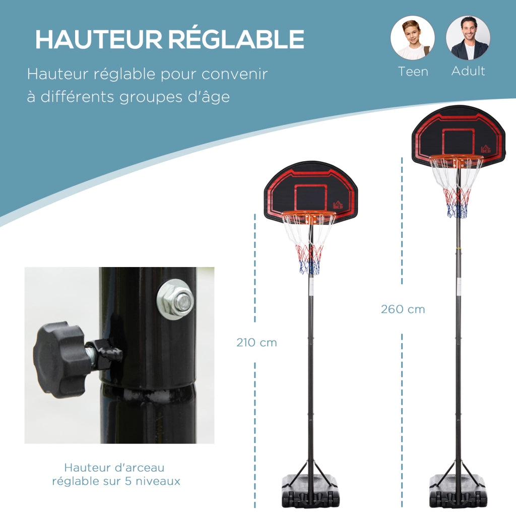 Panier de basket esterno con palo pannello, base zavorra su ruote altezza regolabile 2.1-2.6 m ¨C zephmum ¨C grigio