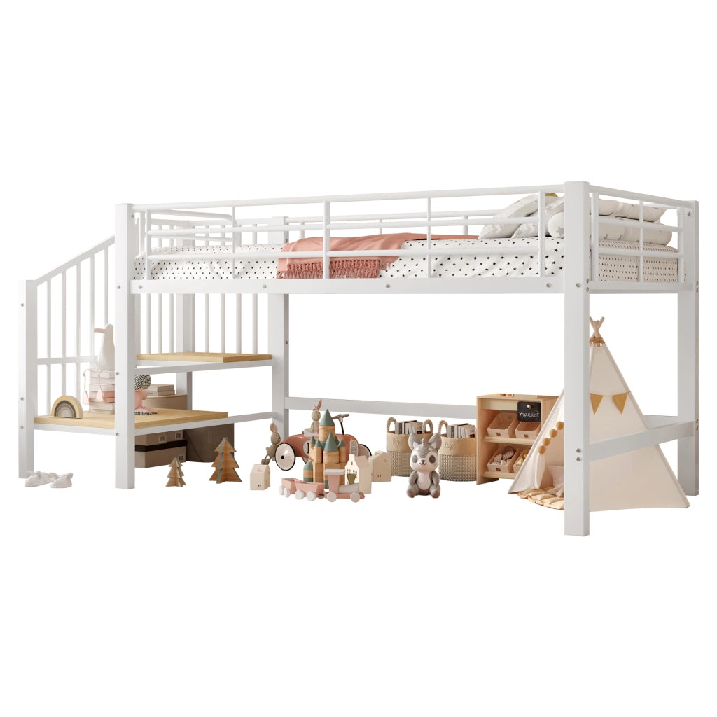 Letto alto semialto bianco con scala portaoggetti in MDF e metallo 90x200 cm