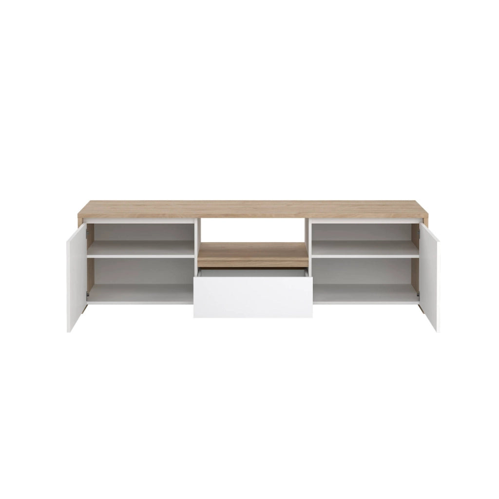 Mobile porta TV Ambivere, Credenza da soggiorno, Armadio basso per TV, Base parete attrezzata, 179x48 h52 cm, Rovere e Bianco lucido