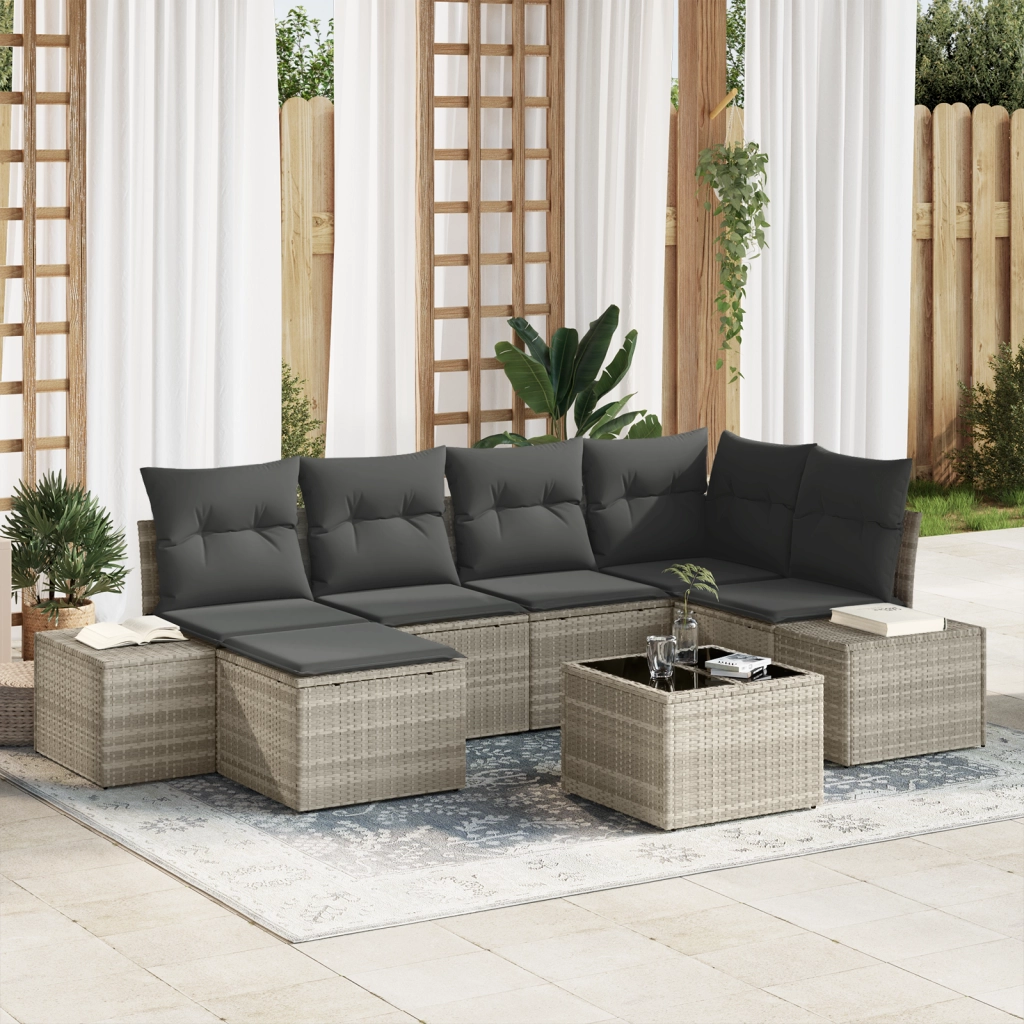 Set di divani da giardino da 7 pezzi con cuscini grigio polyrattan