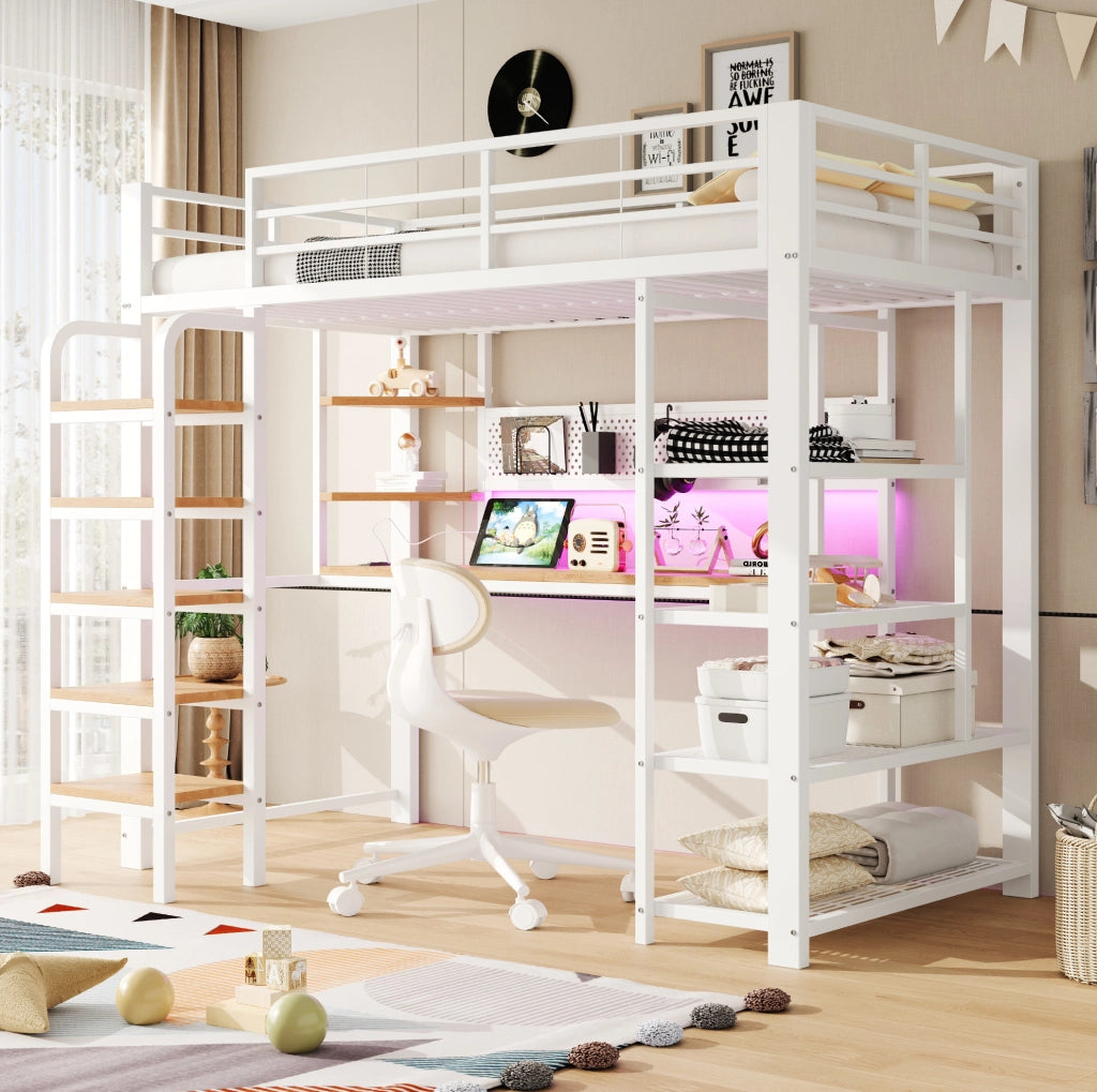 Letto a soppalco multifunzione 90x200 cm; LED multicolore; scrivania e prese integrate; bianco