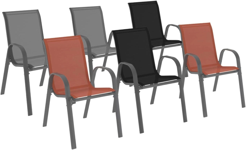 Set di 6 sedie da giardino impilabili LYMA in metallo e textilene di colore grigio-nero e terracotta