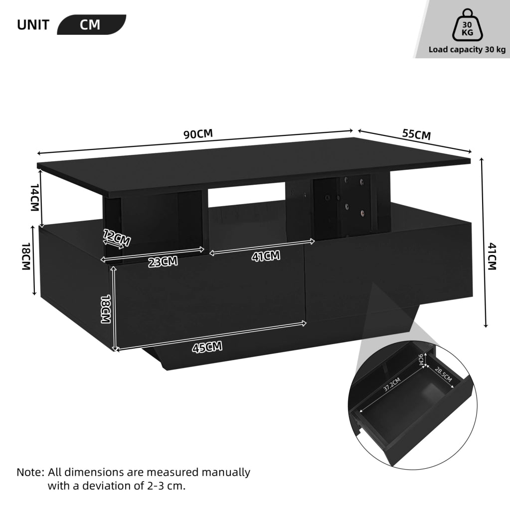 Tavolino da caffè moderno lucido con LED e 2 cassetti 90x55x41 cm; nero