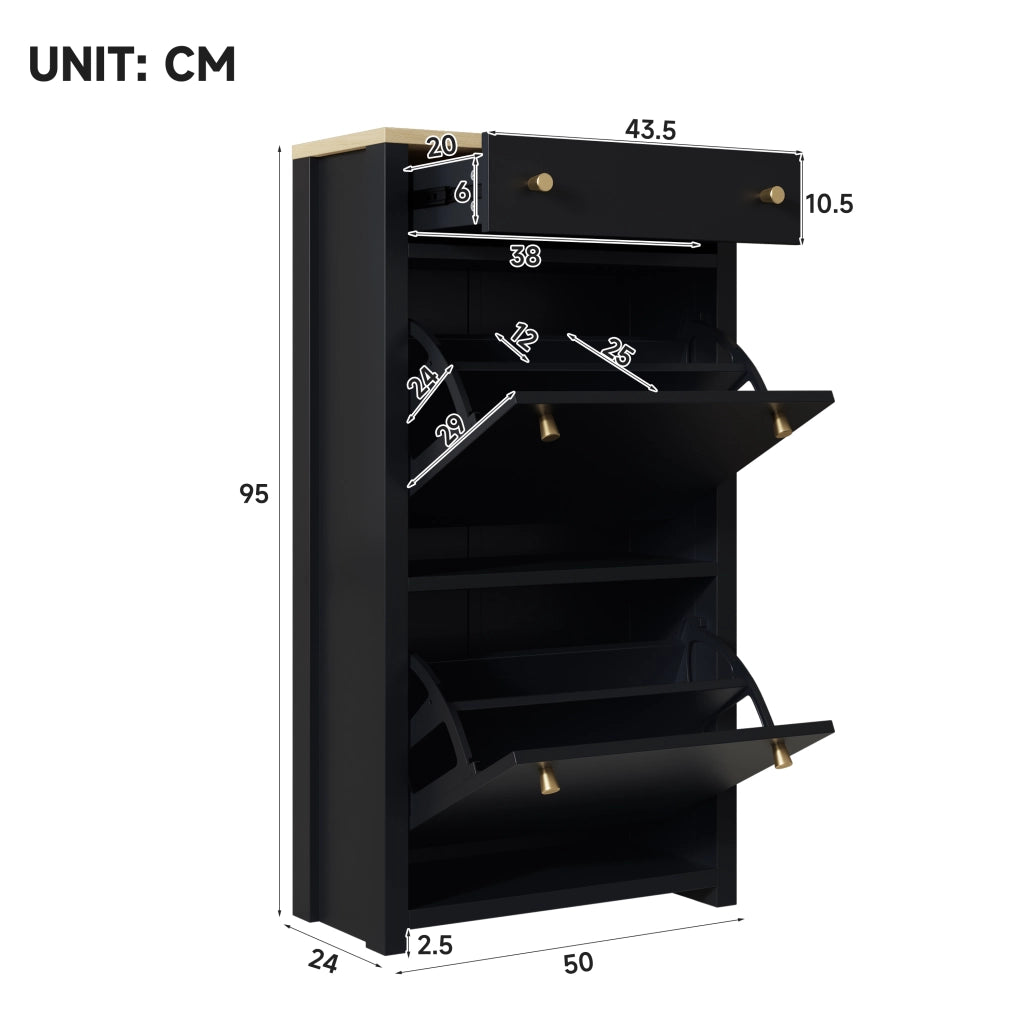 Scarpiera con 2 ante a ribalta; 1 cassetto e ripiani regolabili per ingresso; MDF; 50×25×95 cm