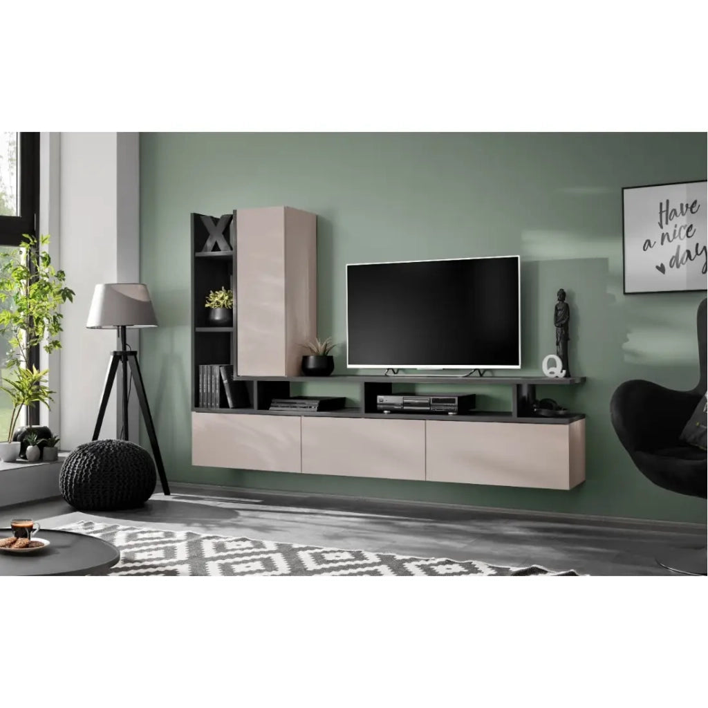 Composizione murale CRONOS - Mobile TV e contenitori sospesi - Rovere Grafite e Cashmere
