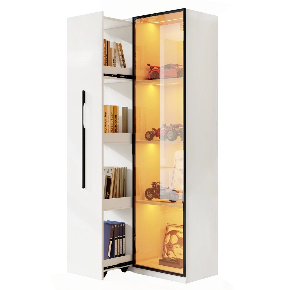 Libreria Vetrina con Porte in Vetro Temperato e LED ¨C MINIMAL ¨C Legno, Ruote, 160 cm