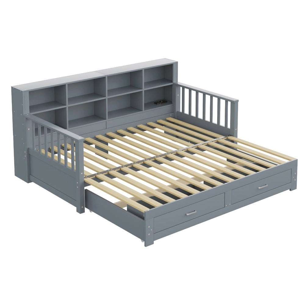 Letto Singolo Contenitore Estendibile in Legno Massello di Pino ¨C MINIMAL ¨C 90x190 cm, Grigio, con Cassetti e Doghe