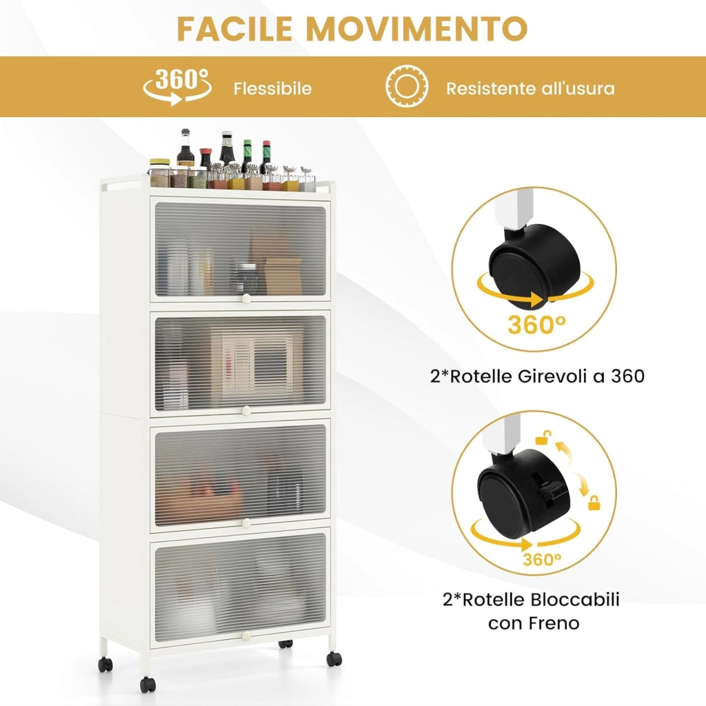 Armadio da Cucina a 5 Piani, Mobile per Microonde con Porte PC a Scomparsa, con 4 Ruote Girevoli, per Sala da Pranzo Soggiorno e Studio, 60x32x154 cm (Bianco)