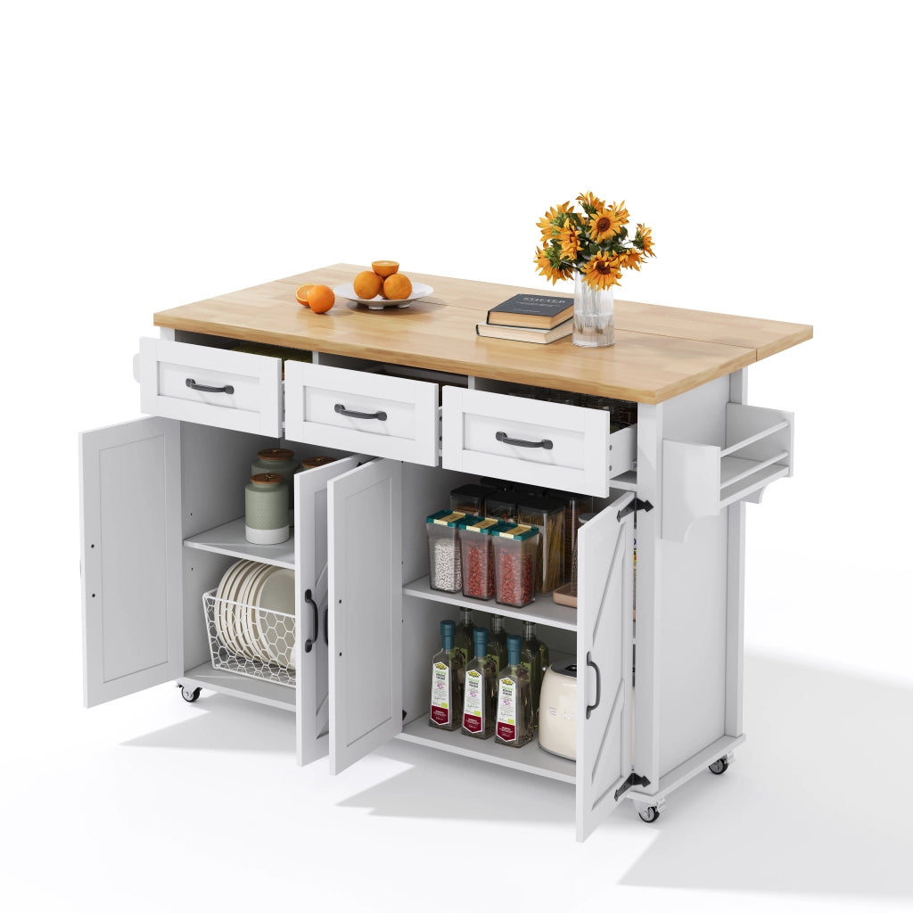 Carrello da Cucina con 4 Ante e 3 Cassetti; Piano Ribaltabile e Portaasciugamani; in MDF; 140x43(70)x90.5 cm