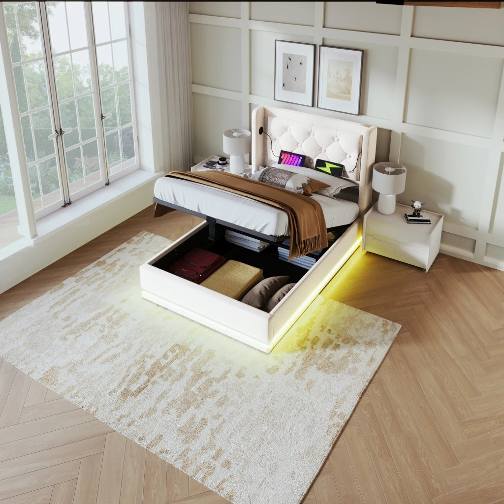 DESMIU Lit Simple 90 × 200 cm con LED a 3 lati, USB e Type-C, contenitore idraulico, materasso incluso, beige