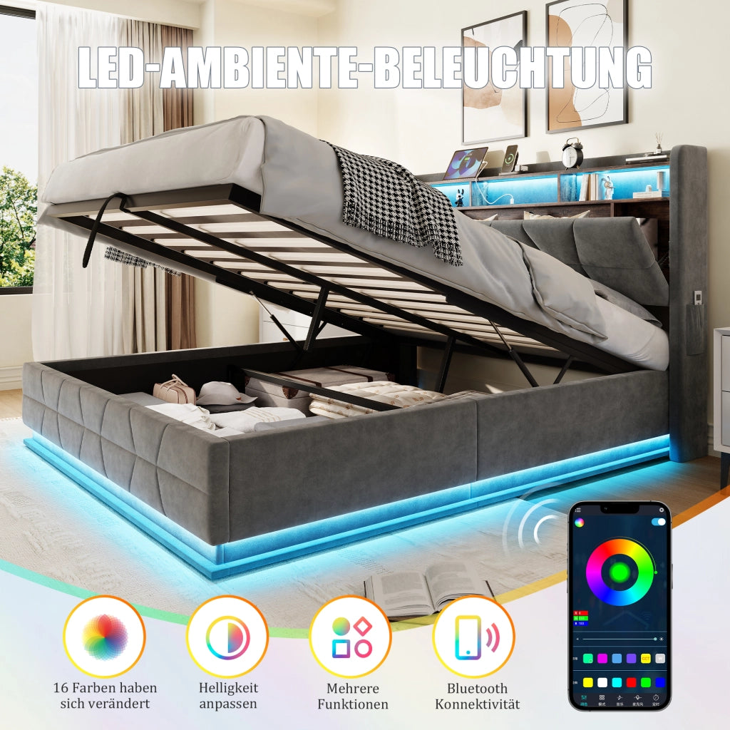 Letto contenitore 140 × 190 cm con LED, ripiani aperti, tasche laterali e USB Type-C, senza materasso, grigio scuro