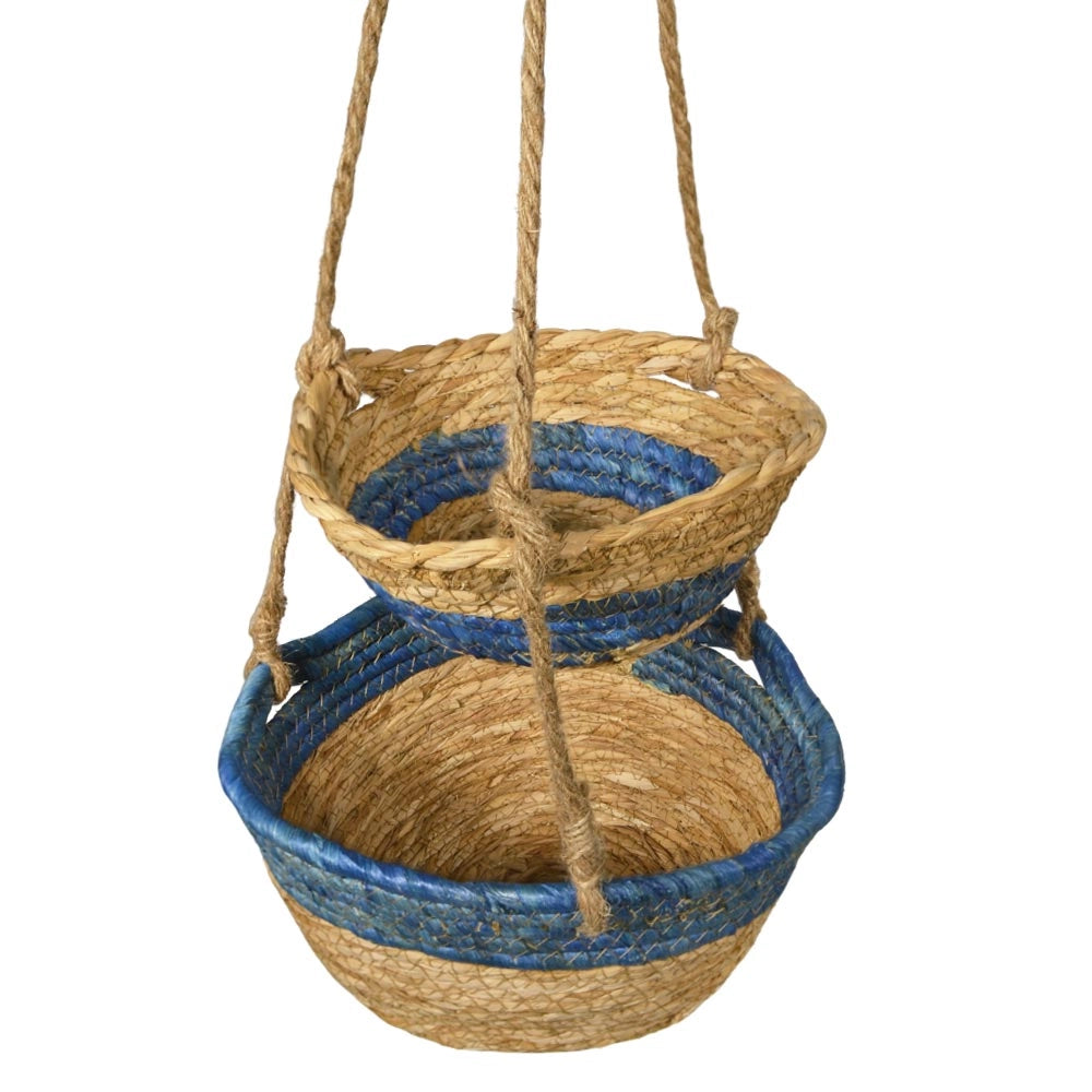 Caspo Pensili Doppi in Corda di Cotone Blu Porta Piante Sospeso h72 cm