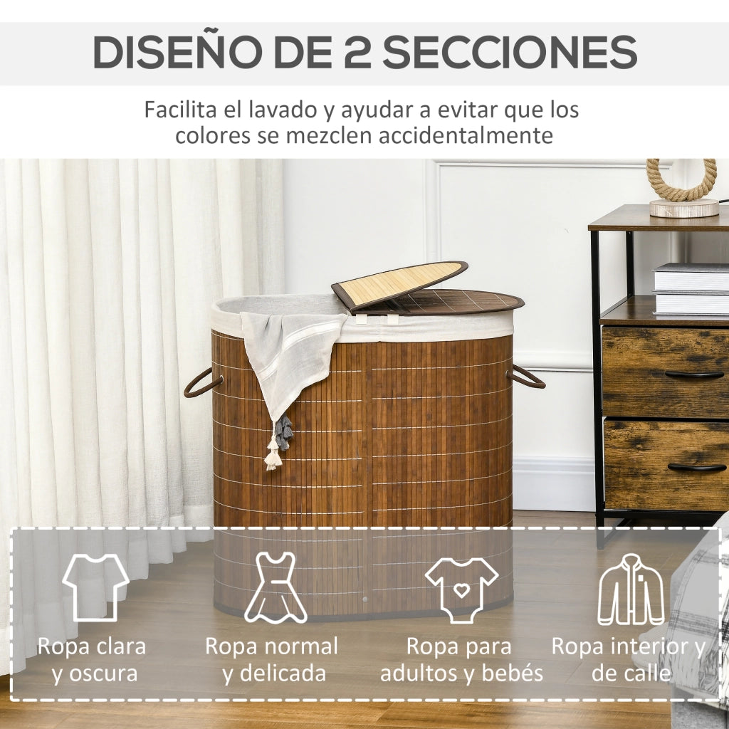 Cestino per Biancheria in Bamb¨´ 100L con 2 Scomparti ¨C zephmum ¨C 62.5x37x60.5cm Marrone