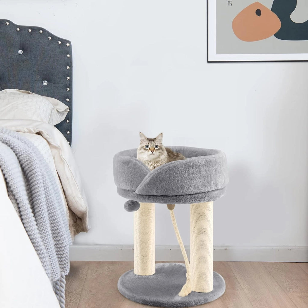 Tiragraffi per Gatti, Albero Tiragraffi Gatto con Cuccia in Peluche, Pallina, Corde e Tiragraffi in Sisal, Tiragraffi da Divano in Legno per Gatti Piccoli, 43 x 43 x 53 cm (Grigio)
