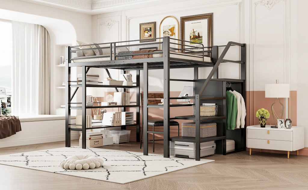 Letto alto in metallo nero con scrivania armadio e scaffali a tre livelli 140x200 cm
