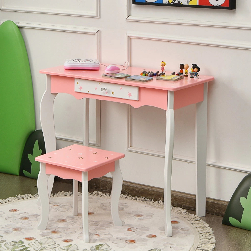 Set tavolo toeletta e sgabello con specchio tripartito per bambini, Set toeletta finto con cassetto Rosa-Toelette per bimbi