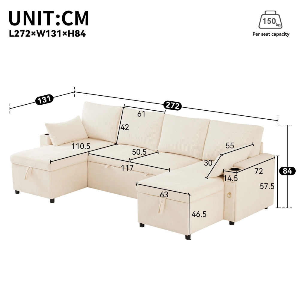 Divano letto modulare a U con contenitore e portabicchieri; 272 cm; beige