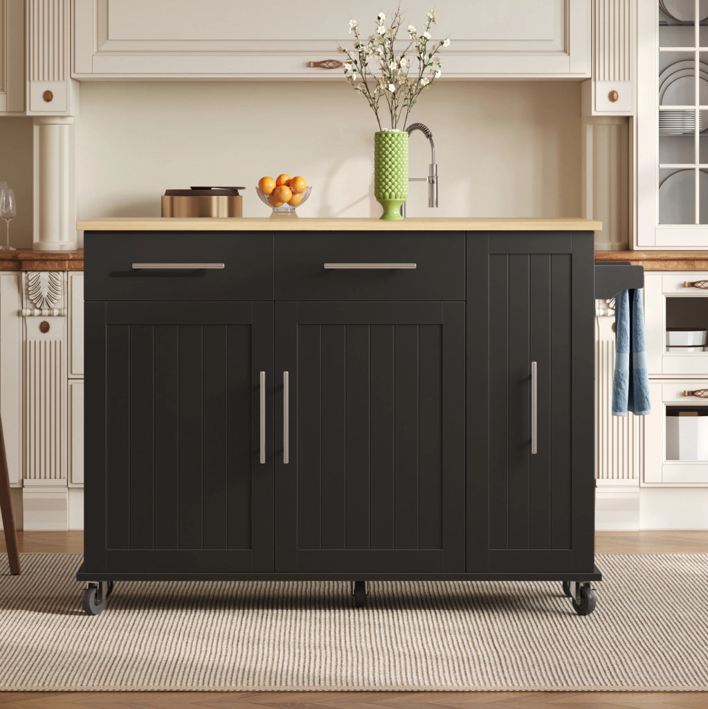 Isola da cucina mobile con piano pieghevole; organizer estraibile a 3 livelli; MDF; nero e naturale
