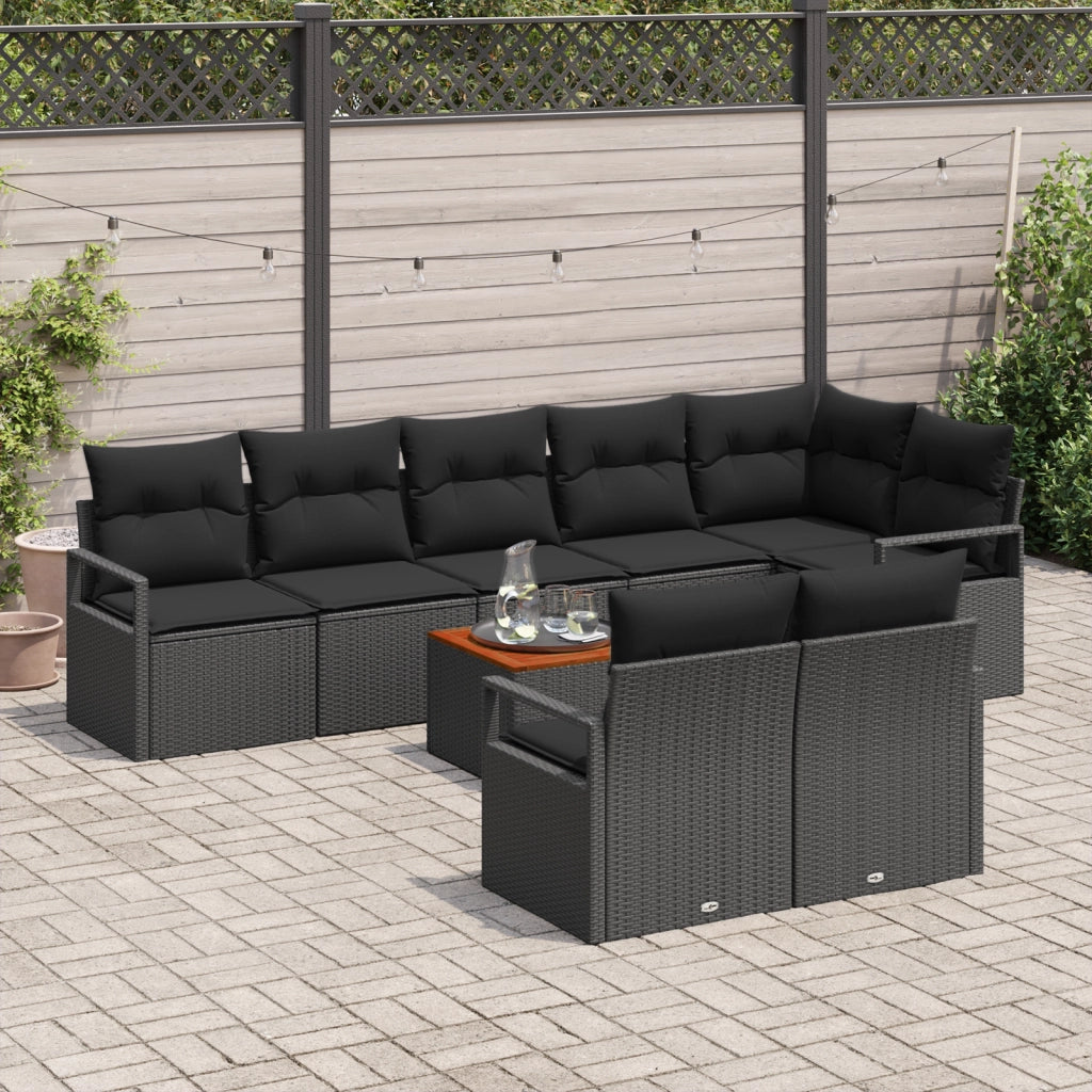 Set Divano da Giardino  9 Pezzi con Cuscini in Rattan Polimerico Nero e Acacia