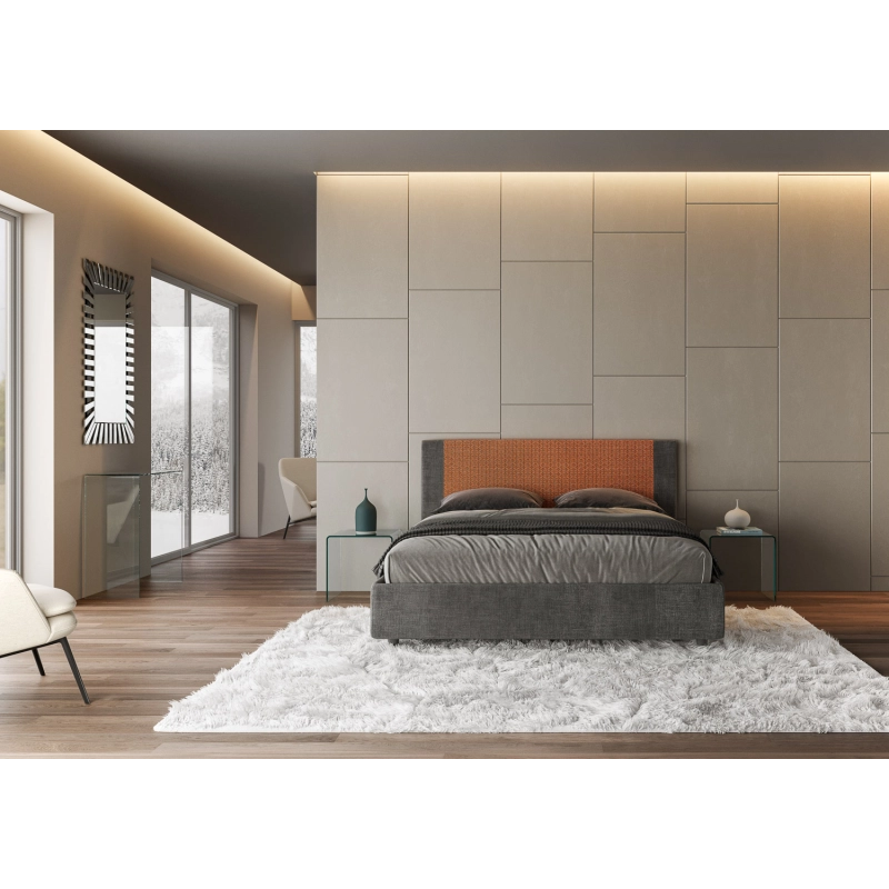 Letto imbottito Matrimoniale 160x210 cm tessuto Labirinto Rosal - Contenitore,Grigio/Arancio