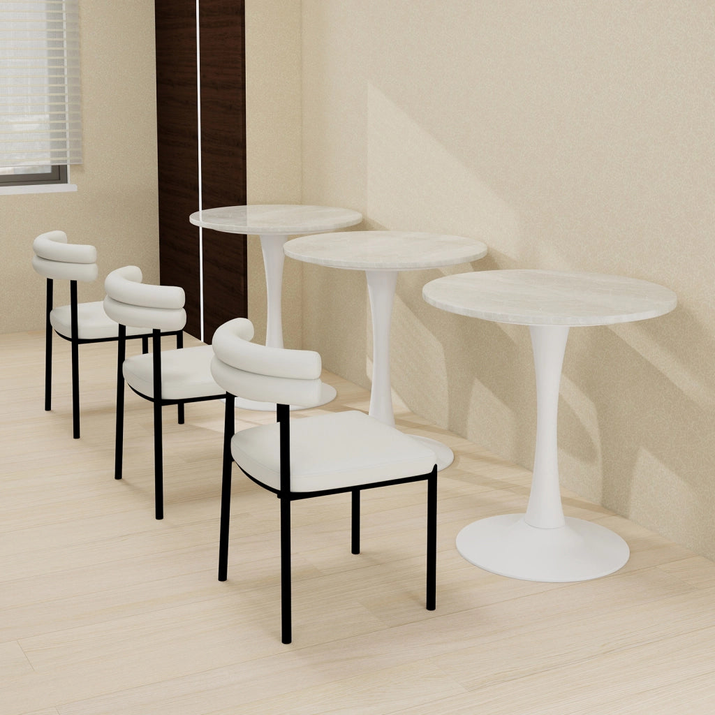 Tavolo da pranzo - rotondo 70 cm - stile mid-century - marmo venato bianco - per 2-4 persone - bianco
