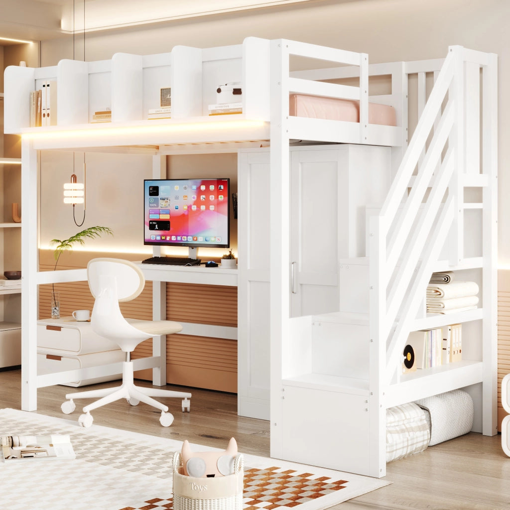 LETTO a soppalco 90x200 cm Bianco in legno con scrivania, armadio, LED e prese