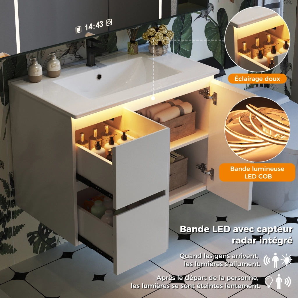 Mobiletto con lavabo sospeso con 2 cassetti; 2 ante soft-close e LED con sensore radar bianco 76 × 47 × 57 cm