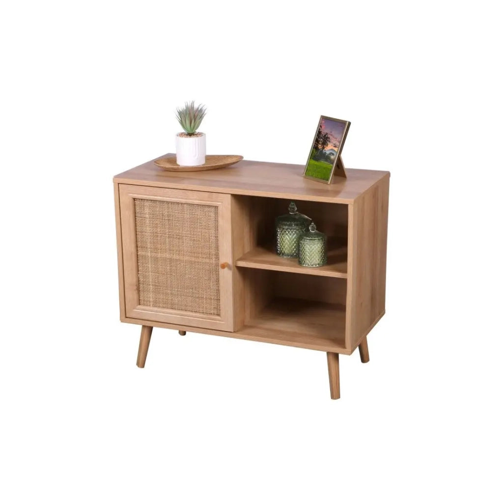Comò ALTA in rovere chiaro con porta in rattan - Design scandinavo e pratico per il storage