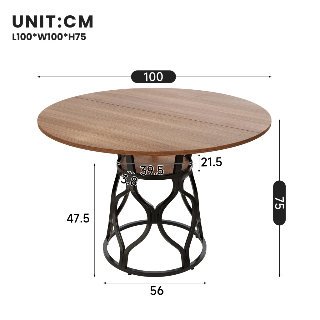 TAVOLO Rotondo 100x100x75 cm MDF Effetto Noce e Nero con ripiano