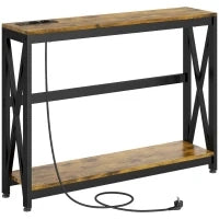 Consolle da Ingresso Stile Industriale con Prese di Corrente e USB, Legno e Acciaio, 100x24x75cm, Marrone