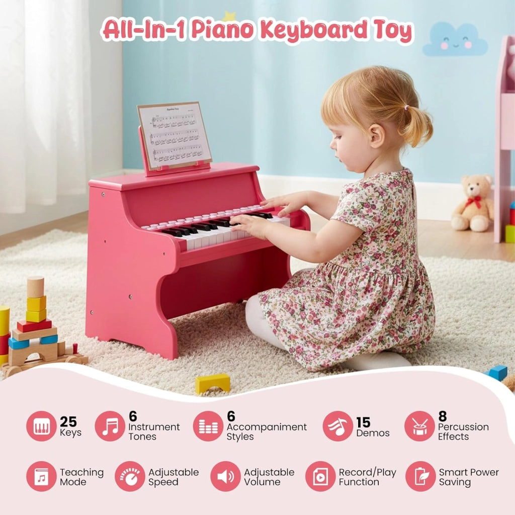 Pianoforte digitale a 25 tasti per bambini, pianoforte in legno con leggio, tasti illuminati, modalità didattica, 6 strumenti, 8 percussioni, tastiera per pianoforte con registrazione e