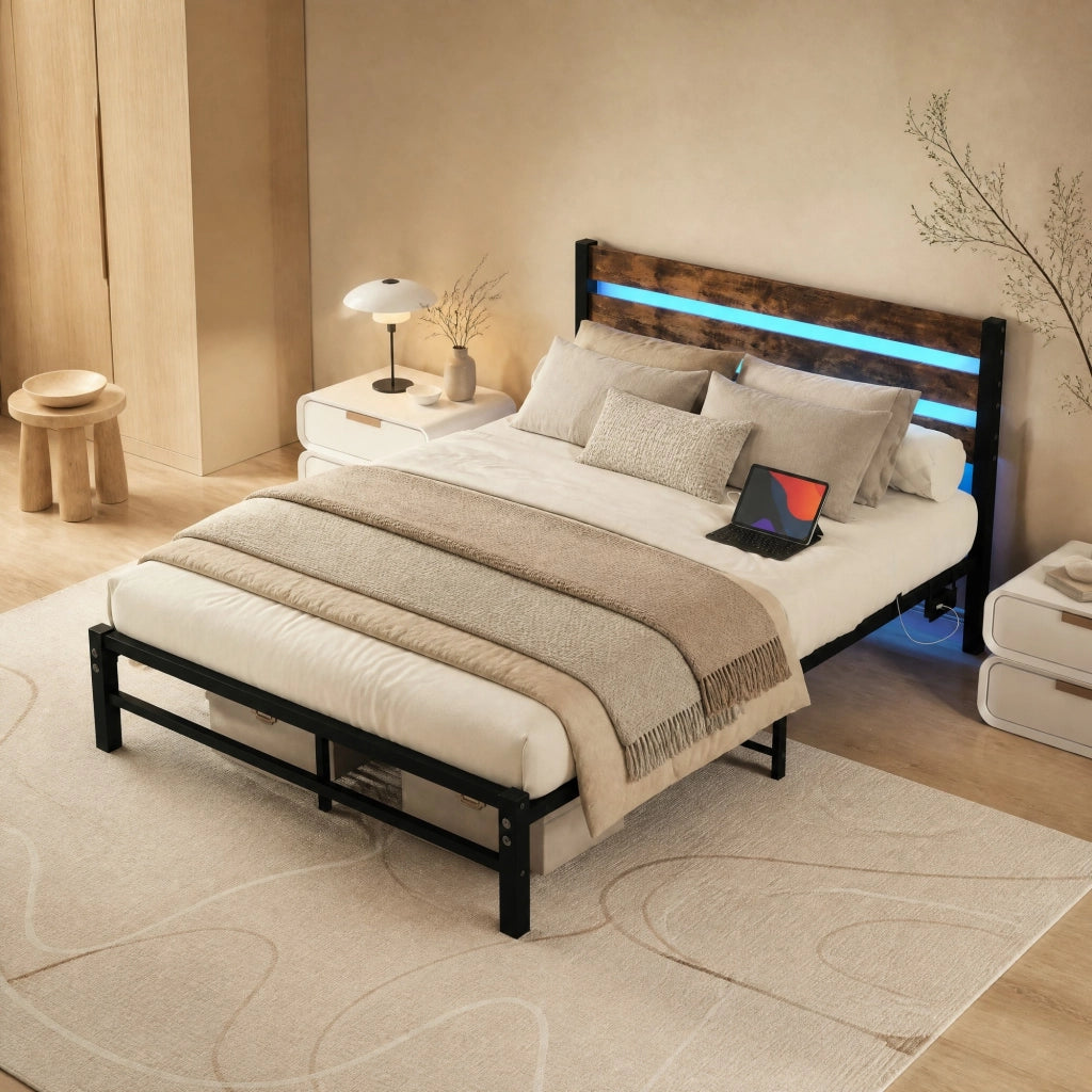 Letto 120x200 cm con LED RGB, testiera in MDF e struttura in metallo