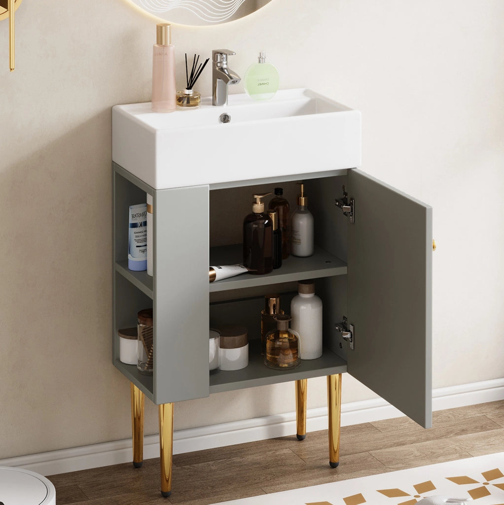 Mobile lavabo e mobiletto bagno 55 cm colore grigio chiaro con lavabo in ceramica lucida