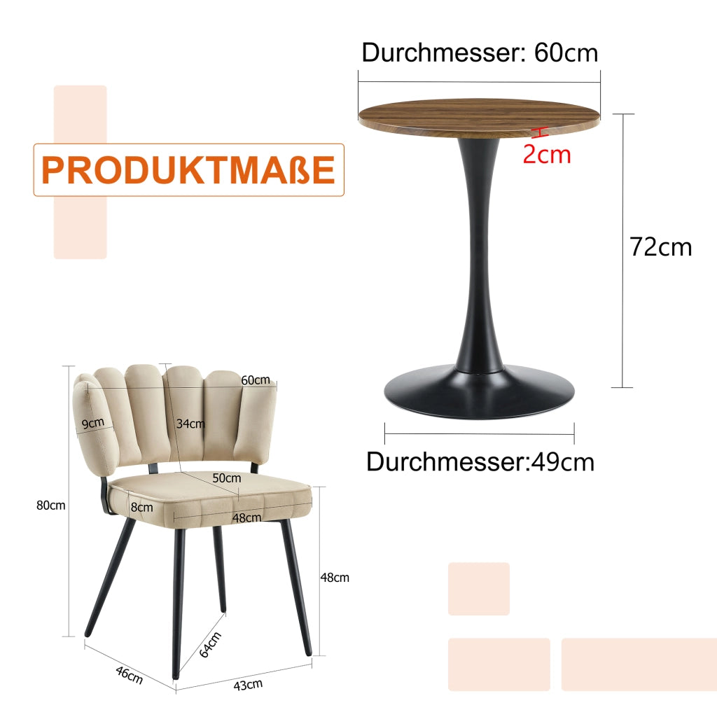 Set Tavolo Rotondo e Sedie da Pranzo ¨C MINIMAL ¨C Piano MDF, Velluto, Metallo Nero, 60 cm