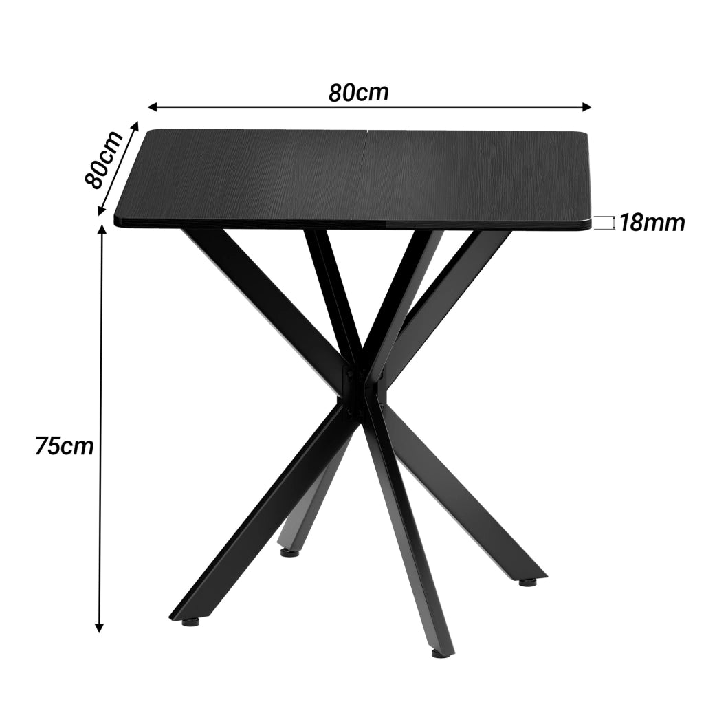 Tavolino 80x80x75 cm; struttura a X stabile; ferro e pannello truciolare; nero