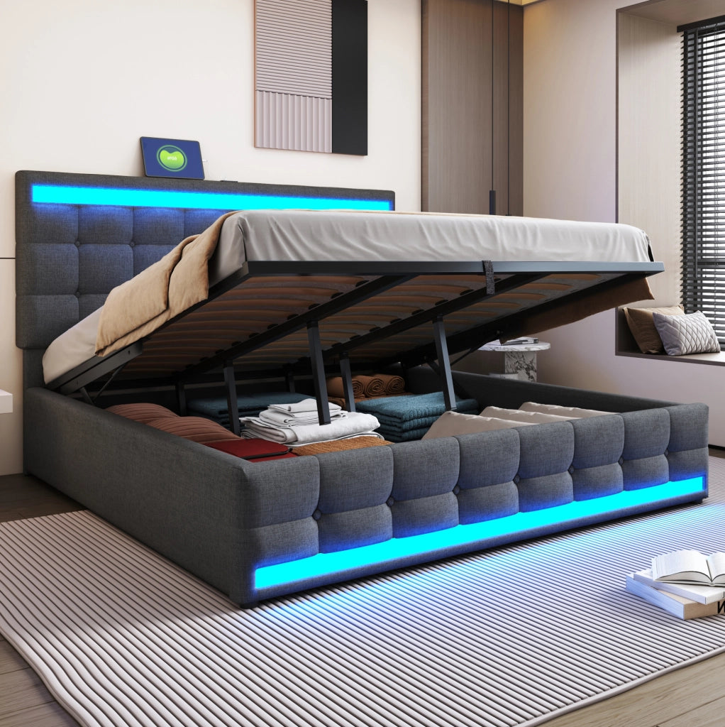 Letto matrimoniale imbottito 180x200 cm con LED RGB; USB e testiera regolabile; grigio