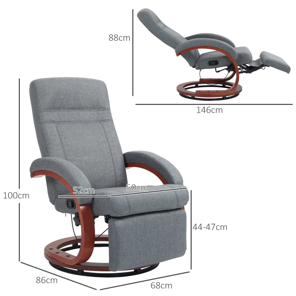 Sedia relax girevole con schienale reclinabile 135°, poggiapiedi separato, struttura in legno di eucalipto, tessuto effetto lino grigio