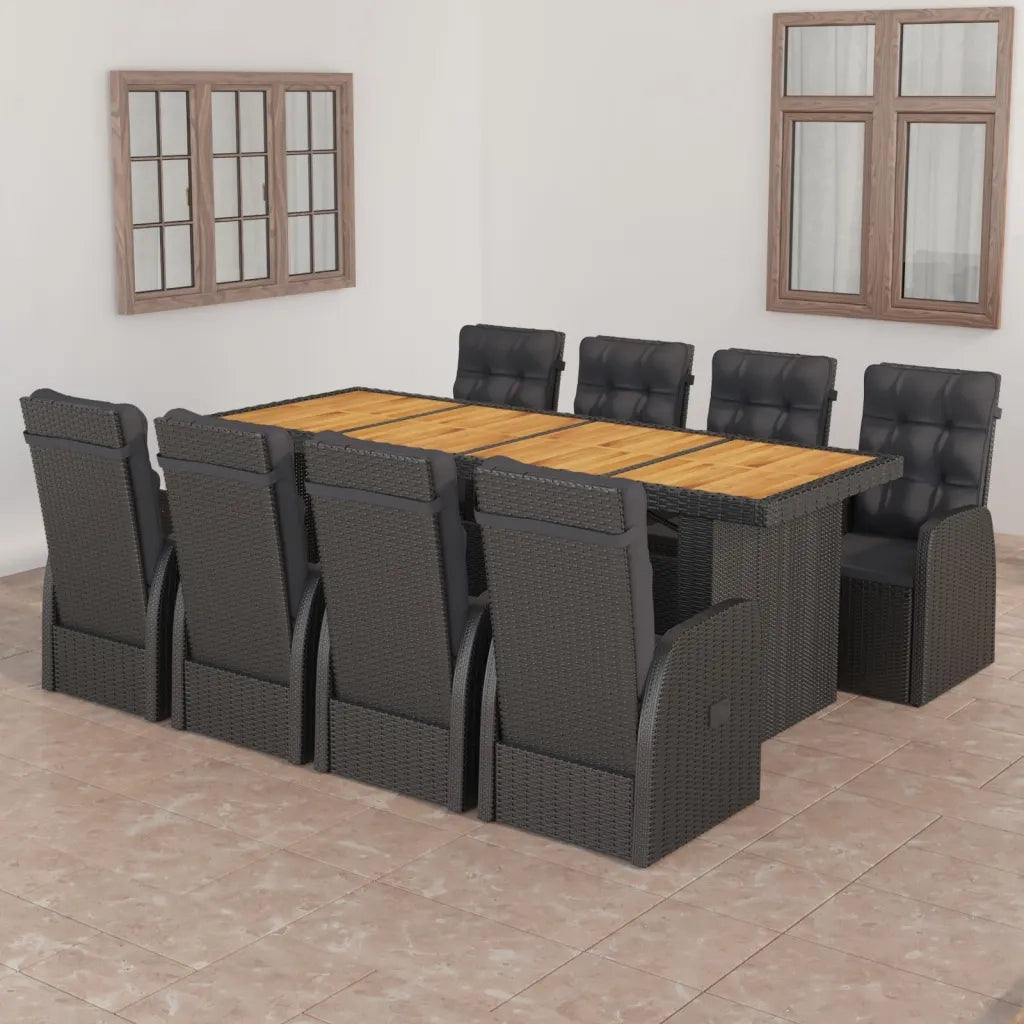 Set da Pranzo da Giardino 9 pz con Cuscini in Polyrattan Nero