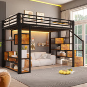 Letto a soppalco 140x200 cm con spazio libero sottostante; LED; ripiano; gradini integrati e parapetto; metallo nero