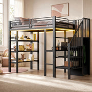 Hochbett 90 x 200 cm in metallo con scrivania, scaffale a 3 livelli, guardaroba integrato, LED e presa, nero