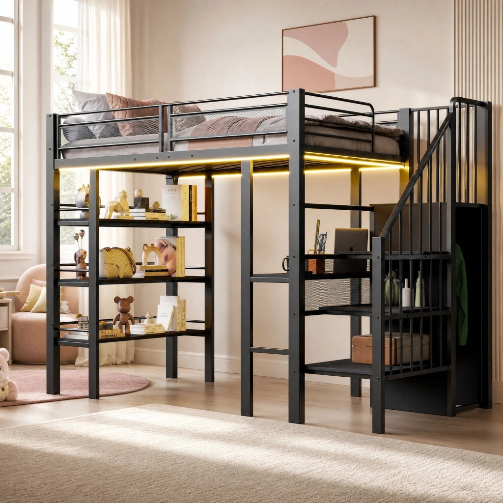 Hochbett 90 x 200 cm in metallo con scrivania, scaffale a 3 livelli, guardaroba integrato, LED e presa, nero