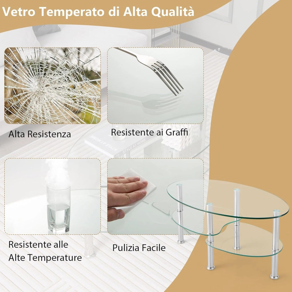 Tavolino da Salotto in Vetro Temperato Moderno, Tavolo Basso e Ovale con Piano Spazioso e 3 Livelli, Ideale per Soggiorno e Ufficio, 89 x 49 x 45 cm (Trasparente)